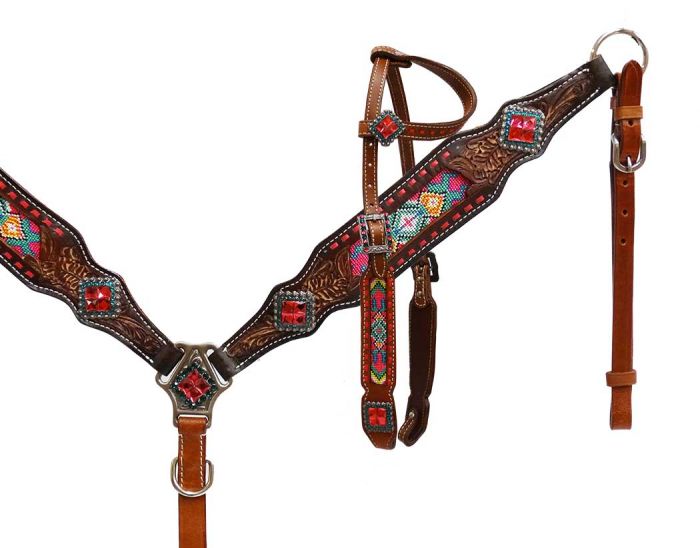 Headstall and breast collar with beaded inlay-Headstall and breast collar with beaded inlay