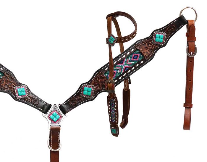 Headstall and breast collar with beaded inlay-Headstall and breast collar with beaded inlay