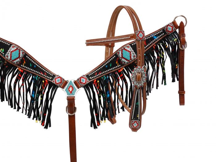 Metallic rainbow acid wash cowhide fringe headstall and breast collar set-Metallic rainbow acid wash cowhide fringe headstall and breast collar set