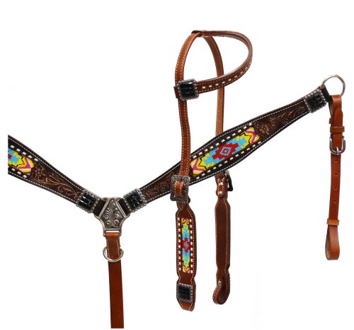Headstall and breast collar with beaded inlay-Headstall and breast collar with beaded inlay