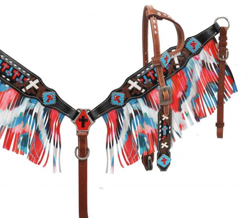 Single ear headstall and breast collar set with fringe- Single ear headstall and breast collar set with fringe