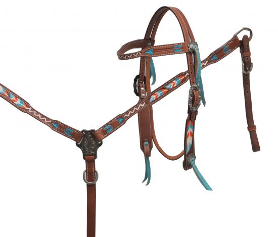 Painted feather and arrow headstall and breast collar set- Painted feather and arrow headstall and breast collar set