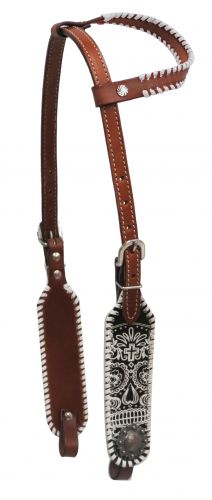 White laced single ear sugar skull headstall- White laced single ear sugar skull headstall