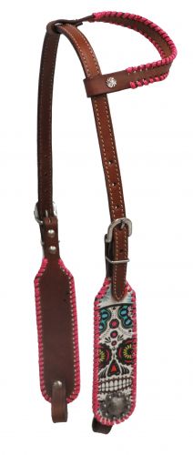 Pink laced single ear sugar skull headstall-Pink laced single ear sugar skull headstall