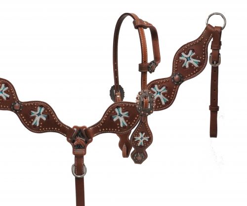 Beaded cross inlay headstall and breast collar set- Beaded cross inlay headstall and breast collar set