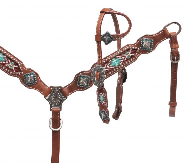 PONY One ear headstall with teal beaded inlay- PONY One ear headstall with teal beaded inlay