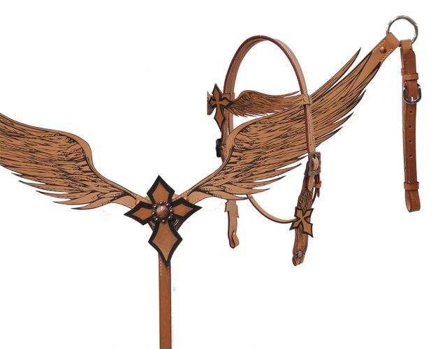 Angel wing headstall and breast collar set with cross-Angel wing headstall and breast collar set with cross