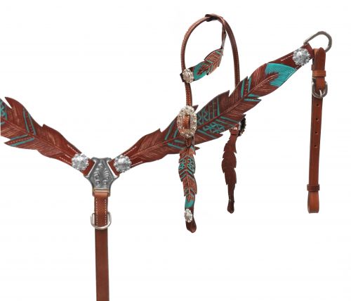 Cut- out teal painted feather headstall and breast collar-Cut- out teal painted feather headstall and breast collar