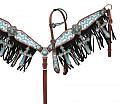 Brown and teal Navajo diamond print headstall and breast collar with fringe and leather cross accents