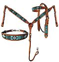 Argentina Cow Leather Headstall and breast collar set with turquoise aztec beaded inlay