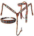 Argentina Cow Leather Headstall and breast collar set with aztec beaded inlay
