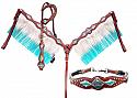 Turquoise and White leather laced one ear 4 piece headstall and breast collar set with fringe