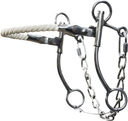 stainless steel hackamore with rope nose with 7" cheeks.-stainless steel hackamore with rope nose with 7 cheeks.