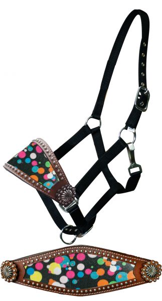 Adjustable nylon bronc halter with polka dot noseband- Adjustable nylon bronc halter with polka dot noseband