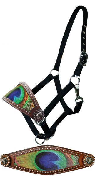 Adjustable nylon bronc halter with peacock feather noseband-Adjustable nylon bronc halter with peacock feather noseband