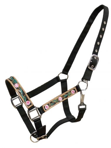FULL SIZE Floral painted tooled leather overlay halter with nylon harness-FULL SIZE Floral painted tooled leather overlay halter with nylon harness