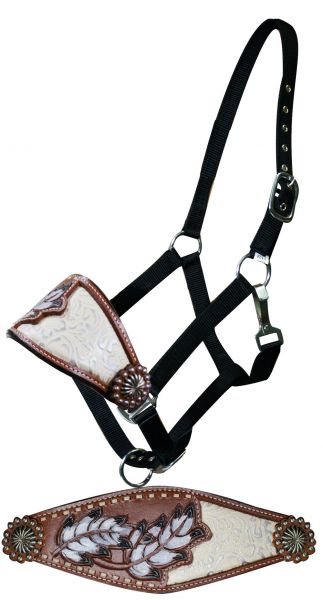 Adjustable nylon bronc halter with painted feather and filigree inlay noseband.-Adjustable nylon bronc halter with painted feather and filigree inlay noseband.