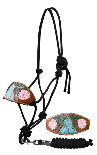 Bronc nose cowboy knot halter with painted floral tooled noseband-Bronc nose cowboy knot halter with painted floral tooled noseband