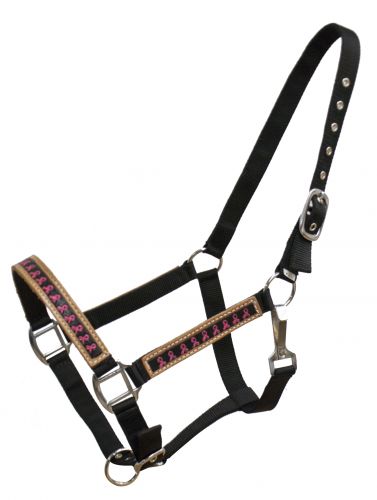 FULL SIZE Floral painted tooled leather overlay halter with nylon harness- FULL SIZE Floral painted tooled leather overlay halter with nylon harness