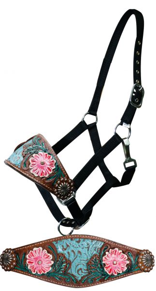 Adjustable nylon bronc halter filigree inlay and painted floral tooled noseband- Adjustable nylon bronc halter filigree inlay and painted floral tooled noseband