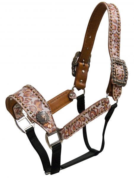 Belt Halter with burnt orange filigre print and copper barrel racer conchos-Belt Halter with burnt orange filigre print and copper barrel racer conchos
