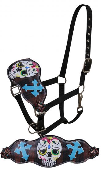 FULL SIZE Leather bronc halter with painted sugar skull with cross design-FULL SIZE Leather bronc halter with painted sugar skull with cross design