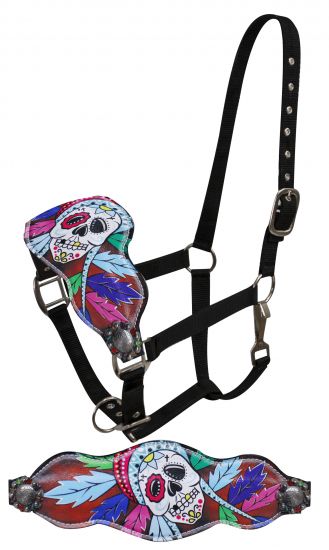 FULL SIZE Leather bronc halter with painted sugar skull with feather head dress design-FULL SIZE Leather bronc halter with painted sugar skull with feather head dress design