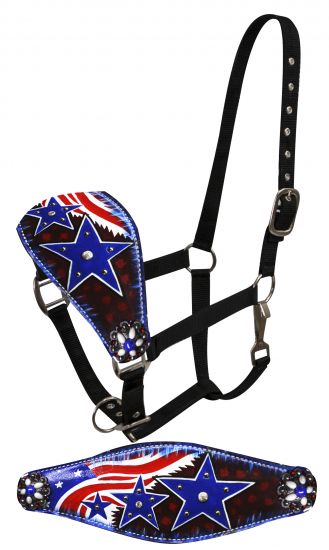 FULL SIZE Leather bronc halter with painted American flag design- FULL SIZE Leather bronc halter with painted American flag design