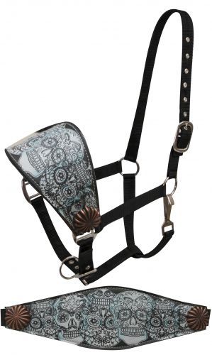 FULL SIZE Leather bronc halter with blue tinted sugar skull print accented with copper conchos-FULL SIZE Leather bronc halter with blue tinted sugar skull print accented with copper conchos