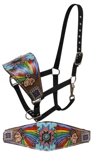 FULL SIZE Leather bronc halter with painted Native American cheif design-FULL SIZE Leather bronc halter with painted Native American cheif design