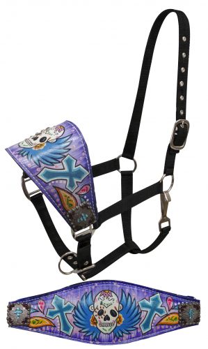 FULL SIZE Leather bronc halter with painted sugar skull design- FULL SIZE Leather bronc halter with painted sugar skull design