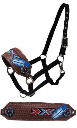 FULL SIZE Leather nose halter with beaded inlay and painted feather- FULL SIZE Leather nose halter with beaded inlay and painted feather