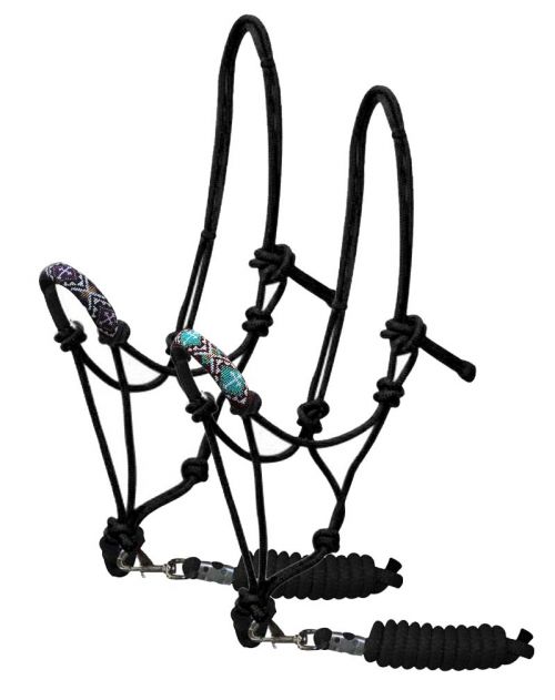 Beaded nose cowboy knot rope halter with 7' lead-Beaded nose cowboy knot rope halter with 7' lead