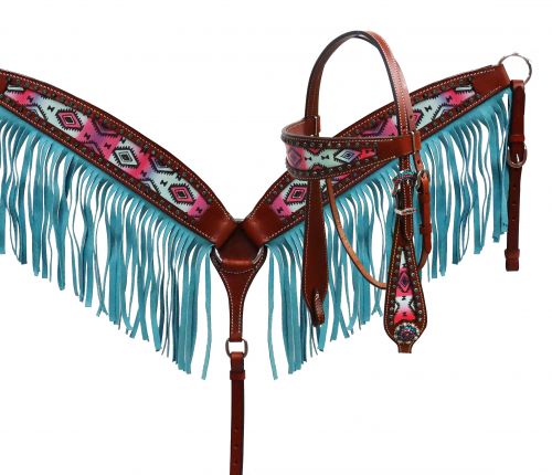 Pastel Navajo headstall and fringe breast collar set-Pastel Navajo headstall and fringe breast collar set