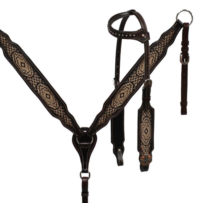 Two toned leather headstall and breast collar set with Navajo design-Two toned leather headstall and breast collar set with Navajo design