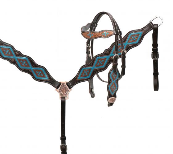 Painted teal cross headstall and breast collar set-Painted teal cross headstall and breast collar set