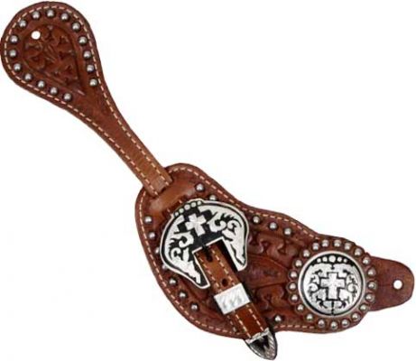 Showman™ men's size tooled leather silver beaded spur straps with silver engraved cross conchos-Showman™ men's size tooled leather silver beaded spur straps with silver engraved cross conchos