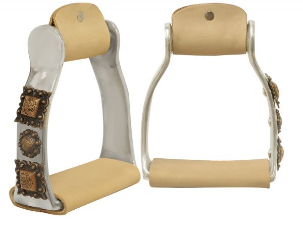 Polished aluminum stirrups with engraved antique bronze conchos- Polished aluminum stirrups with engraved antique bronze conchos