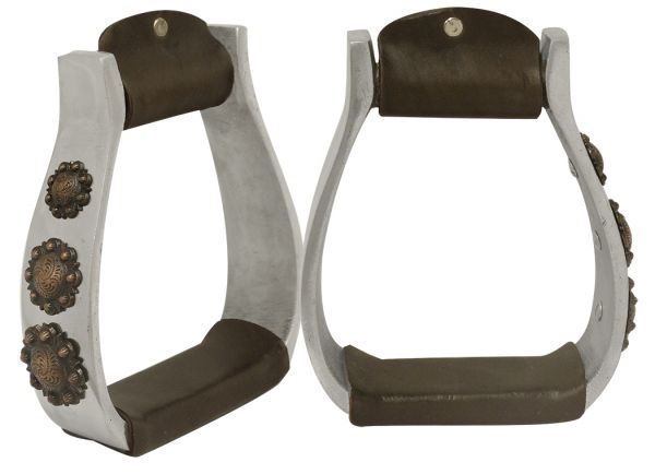 Light weight polished aluminum stirrups with copper engraved conchos-Light weight polished aluminum stirrups with copper engraved conchos