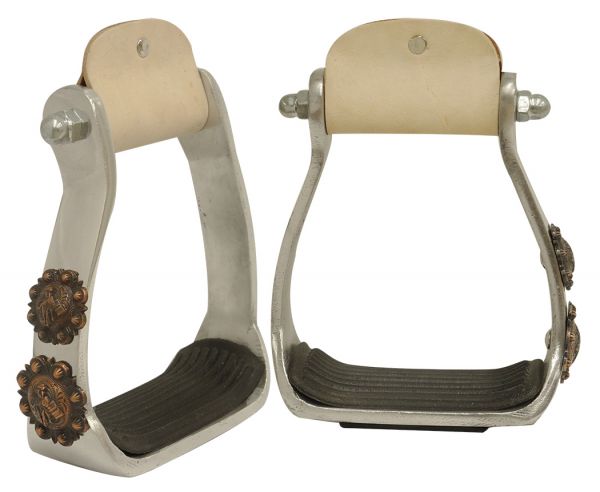 Light weight polished aluminum stirrups with copper engraved barrel racer conchos- Light weight polished aluminum stirrups with copper engraved barrel racer conchos