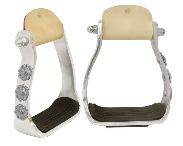 Light weight polished aluminum stirrups with engraved conchos-Light weight polished aluminum stirrups with engraved conchos
