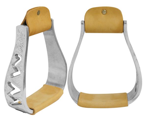 Engraved polished aluminum stirrups with cut out zig-zag design-Engraved polished aluminum stirrups with cut out zig-zag design