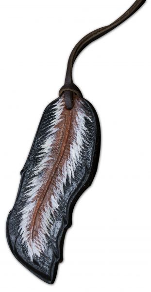 5" painted leather tie on feather. 5" x 2"- 5 painted leather tie on feather. 5 x 2