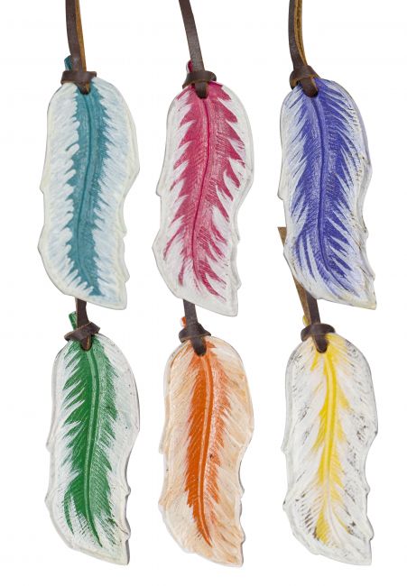 5" painted leather tie on feather.-5 painted leather tie on feather.