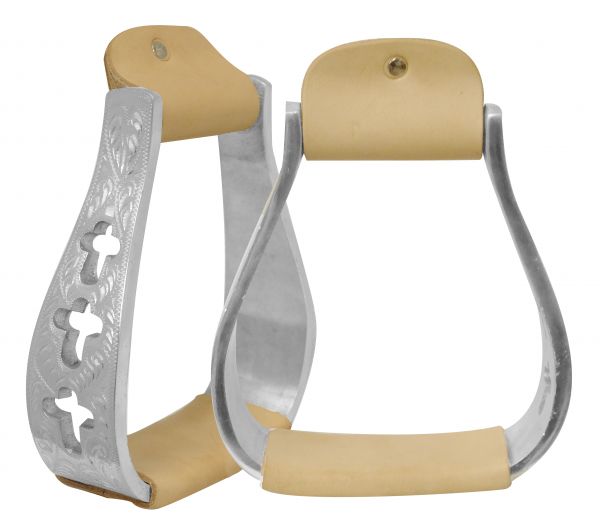 Engraved polished aluminum stirrups with cut out cross design- Engraved polished aluminum stirrups with cut out cross design
