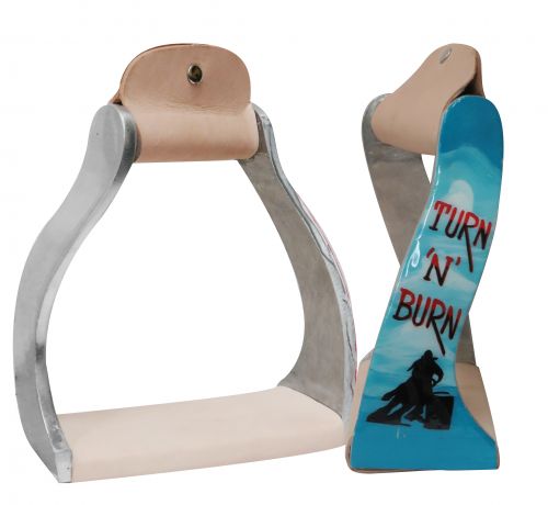 Lightweight twisted angled aluminum stirrups with painted "Turn 'N' Burn" design- Lightweight twisted angled aluminum stirrups with painted Turn 'N' Burn design