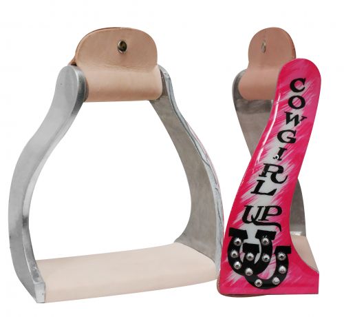 Lightweight twisted angled aluminum stirrups with painted " Cowgirl Up" design- Lightweight twisted angled aluminum stirrups with painted Cowgirl Up design
