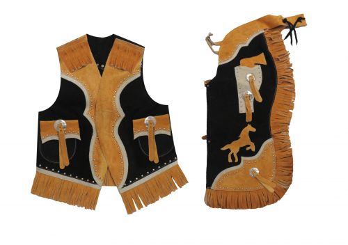 Kid's size two tone suede leather chap and vest outfit with fringe-Kid's size two tone suede leather chap and vest outfit with fringe