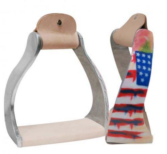 Lightweight twisted angled aluminum stirrups with painted distressed American flag design-Lightweight twisted angled aluminum stirrups with painted distressed American flag design