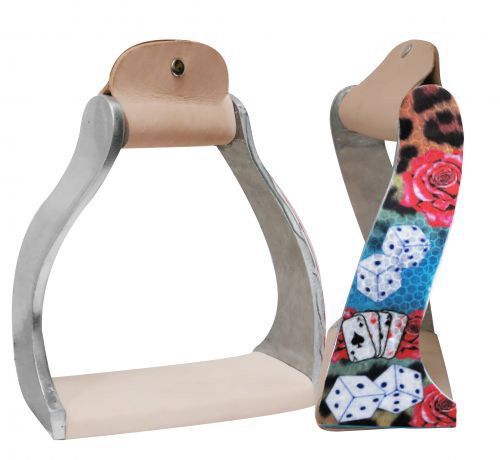 Lightweight twisted angled aluminum stirrups with " Gambling Rose" design- Lightweight twisted angled aluminum stirrups with Gambling Rose design